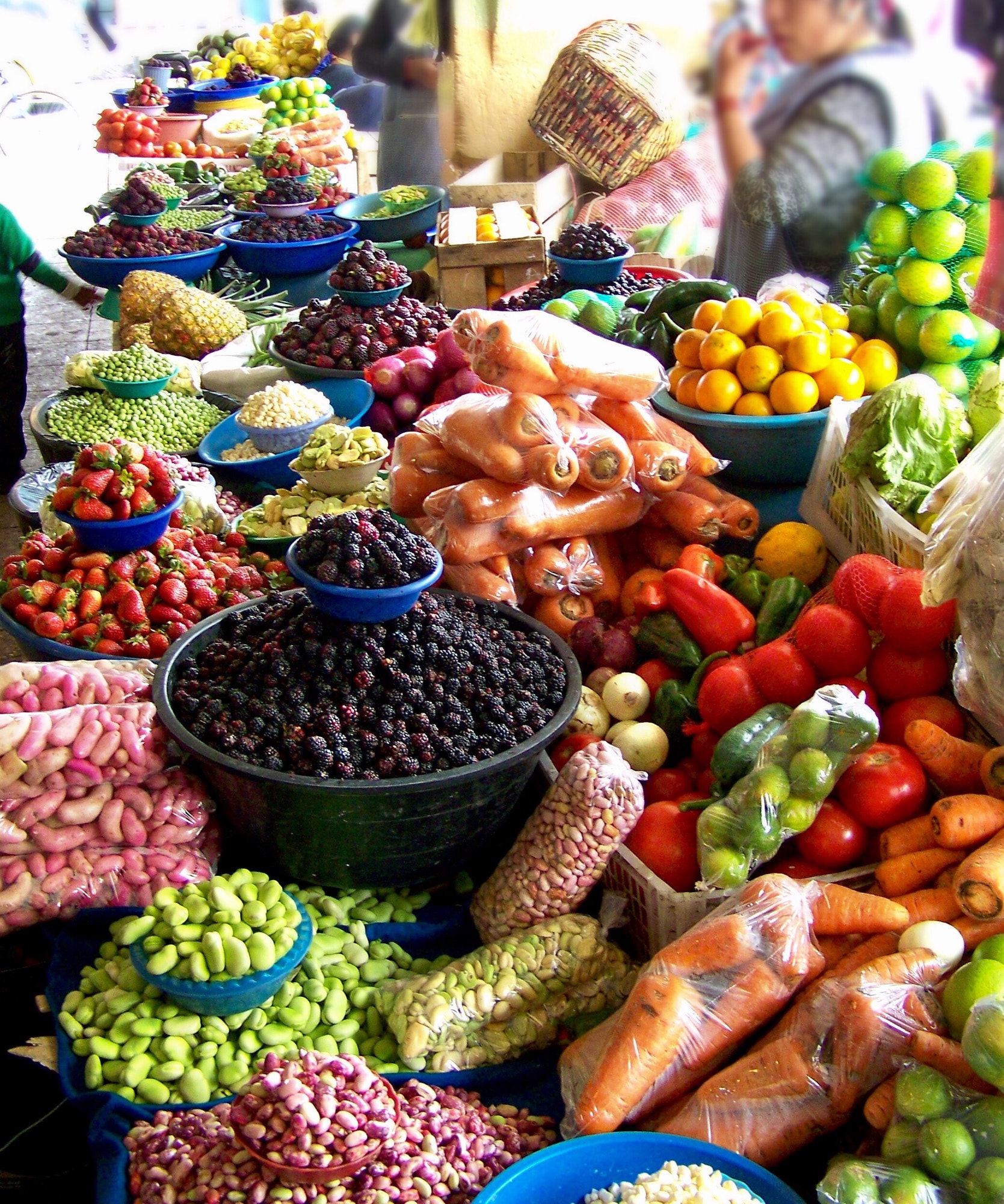 Fresh produce for sale at a large, open air market in Otavalo, Ecuador.